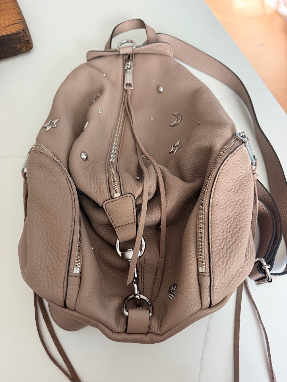 Rebecca Minkoff Taupe Pebbled Leather Backpack with Star & Moon Studs